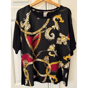 Chicos Mixed Media Scarf Print Top Black Gold Red Chain Belt Size 2 Large